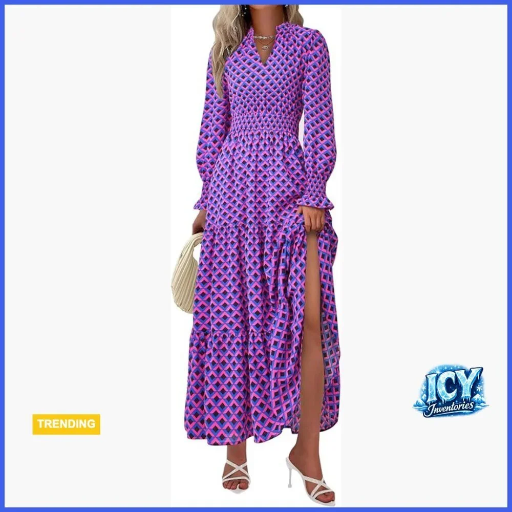 Long Sleeve Maxi Dress with Pockets, V Neck, Flowy Boho Style